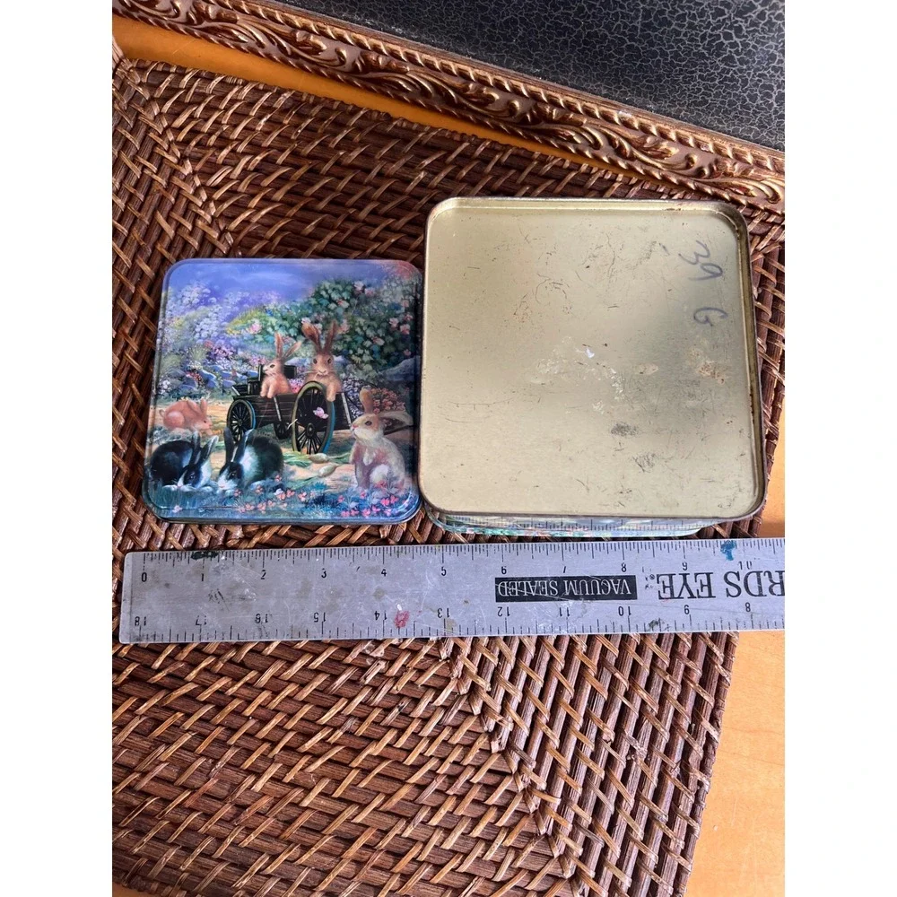 Vintage Rabbit Garden Scene Decorative Metal Tin Storage Box Cottagecore Easter